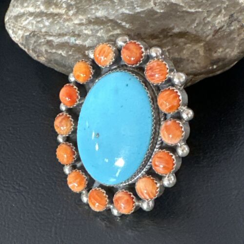 Navajo Women's Cluster Turquoise Spiny Oyster Ring | Authentic Native American Sterling Silver | Multi-Stone | Sz 12 | 16026 - Masha USA