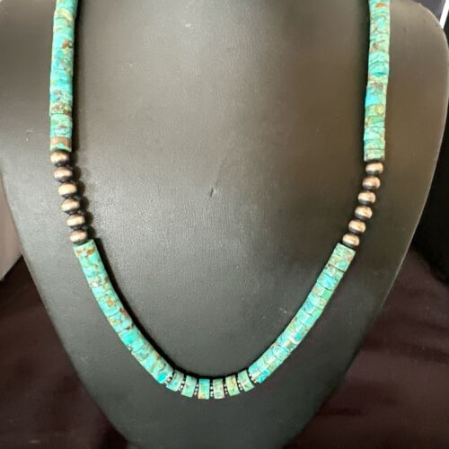 Navajo Blue Turquoise Heishi Bead Necklace | Sterling Silver | 21" | Authentic Native American Handmade | 17257