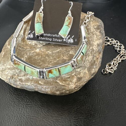 Navajo Choker Necklace with Blue #8 Turquoise Inlay | Sterling Silver Earrings Set | Native American Handmade | 16265