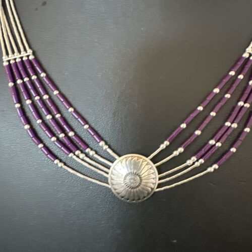 Navajo Purple Sugilite Heishi Concha Necklace | 5 Strand Liquid Sterling Silver | 20" | 15877