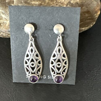 Navajo Purple Amethyst Earrings | Sterling Silver | 1" | Authentic Native American Handmade | 15354