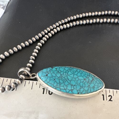Men's Navajo Blue Spiderweb Turquoise Pendant Necklace | Sterling Silver | Authentic Native American Handmade | 16210