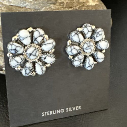 Women's Cluster White Buffalo Turquoise Earrings | Navajo Sterling Silver | Authentic Native American Handmade | 16343