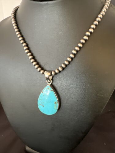 Blue Kingman Turquoise Pendant | Navajo Pearls | Sterling Silver Necklace 20" | 16672