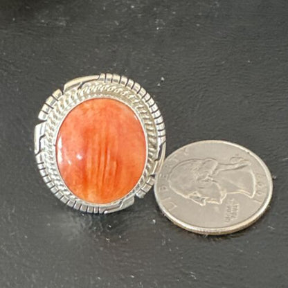 Navajo Orange Spiny Oyster Ring | Sterling Silver | Sz 8 | Authentic Native American Handmade | 16035
