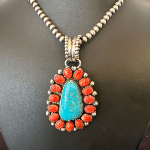 Navajo Turquoise Spiny Oyster Cluster Pendant Necklace | Sterling Silver | Native American Handmade | 17152