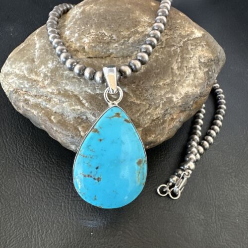 Blue Kingman Turquoise Pendant | Navajo Pearls | Sterling Silver Necklace 20" | 16672