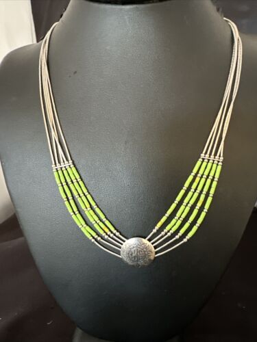 Navajo Green Gaspeite Heishi Concha Necklace | 5 Strand Liquid Sterling Silver | 20" | 15872