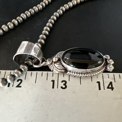 Men's Navajo Pearls Necklace with Black Onyx Pendant | Sterling Silver | Authentic Native American Handmade | 15367