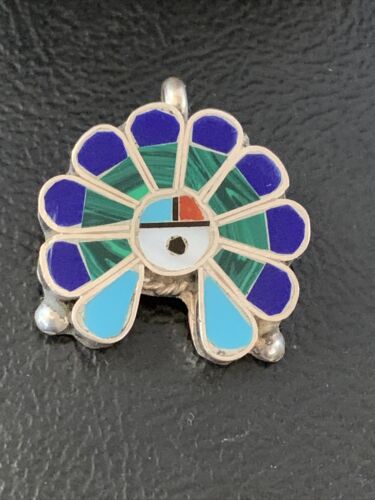 Zuni Sunface Turquoise Lapis Malachite Inlay Pendant | Sterling Silver | 1" | Authentic Native American Handmade | 1183