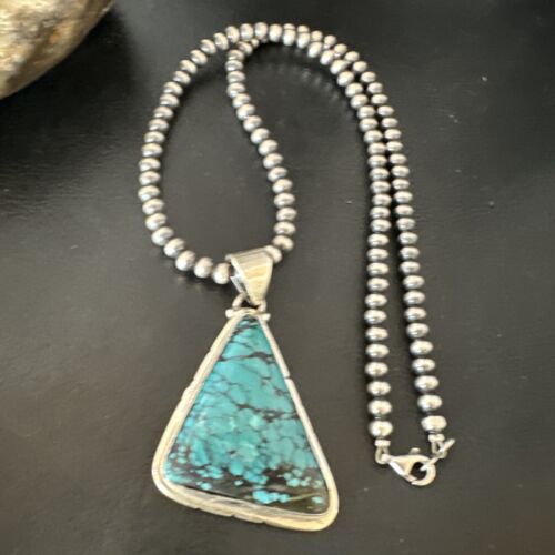 Men's Navajo Blue Spiderweb Turquoise Pendant Necklace | Sterling Silver | Authentic Native American Handmade | 16214