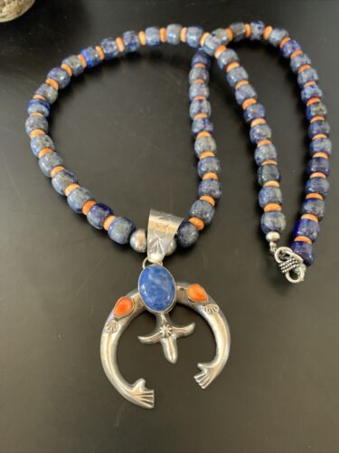 Navajo Blue Lapis Spiny Oyster Naja Pendant | Sterling Silver | Authentic Native American Handmade | 11491