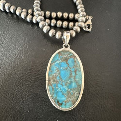 Navajo Blue Spiderweb Turquoise Pendant Necklace | Sterling Silver | Authentic Native American Handmade | 17016