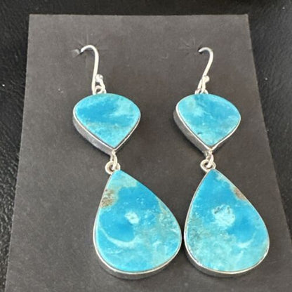 Navajo Blue Kingman Turquoise Dangle Earrings | Sterling Silver | Authentic Native American Handmade | 15106