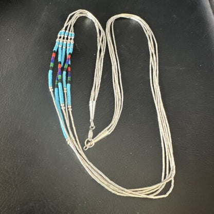 Multi-Color Liquid Silver Heishi Necklace | 5-Strand Sterling Tubes | 25" | 15137
