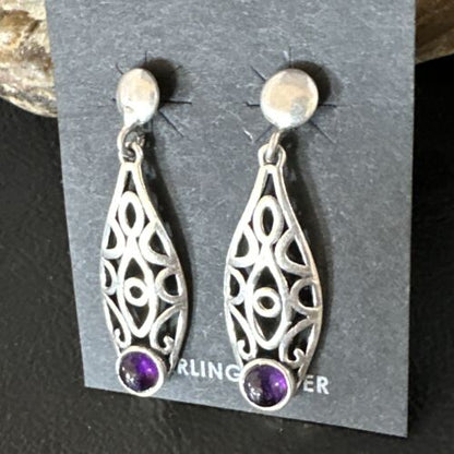 Navajo Purple Amethyst Earrings | Sterling Silver | 1" | Authentic Native American Handmade | 15354