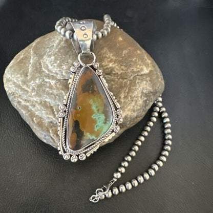 Men's Navajo Green Turquoise Pendant Necklace | Sterling Silver | Authentic Native American Handmade | 17530