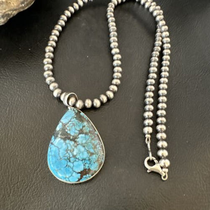 Men's Navajo Blue Spiderweb Turquoise Pendant Necklace | Sterling Silver | Authentic Native American Handmade | 16302