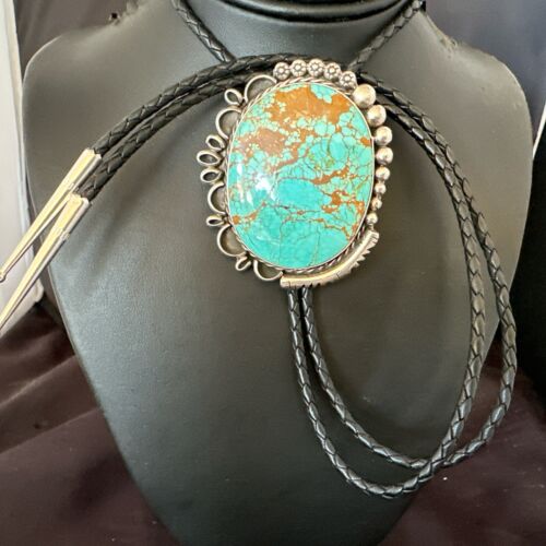 XL Men's Blue Turquoise #8 Bolo Tie | Navajo Sterling Silver | Authentic Native American Handmade | 17006