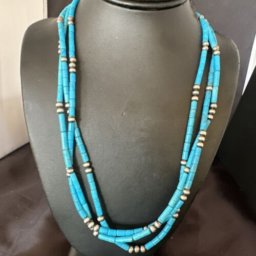 Navajo Blue Turquoise Tube Necklace | Sterling Silver | 22" | Authentic Native American Handmade | 17553