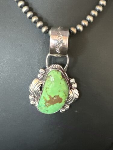 Navajo Green Gaspeite Pendant Necklace | Sterling Silver | Authentic Native American Handmade | 14998