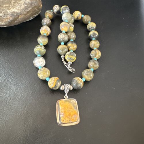 Bumblebee Jasper Pendant | Turquoise Bead | Navajo Sterling Silver Necklace 21" | 15910