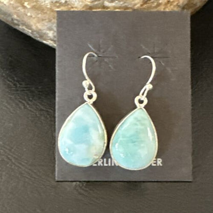 Navajo Blue Larimar Dangle Earrings | Sterling Silver | Authentic Native American Handmade | 17289
