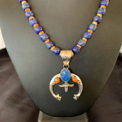 Navajo Blue Lapis Spiny Oyster Naja Pendant | Sterling Silver | Authentic Native American Handmade | 11493