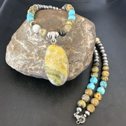 Men's BumbleBee Jasper Pendant Necklace | Navajo Pearls | Sterling Silver | Authentic Native American Handmade | 16876