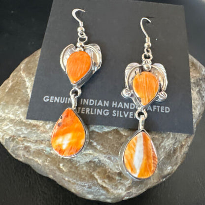 Navajo Orange Spiny Oyster Dangle Earrings | Sterling Silver | 1.5" | Authentic Native American Handmade | 16569