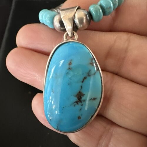 Navajo Blue Kingman Turquoise Pendant Necklace | Sterling Silver | 21" | Authentic Native American Handmade | 17087