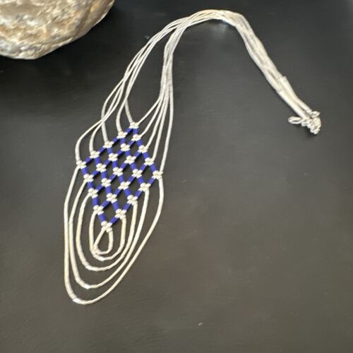 Crisscross Blue Lapis Heishi Necklace | 5 Strand Liquid Sterling Silver | 22" | 15882
