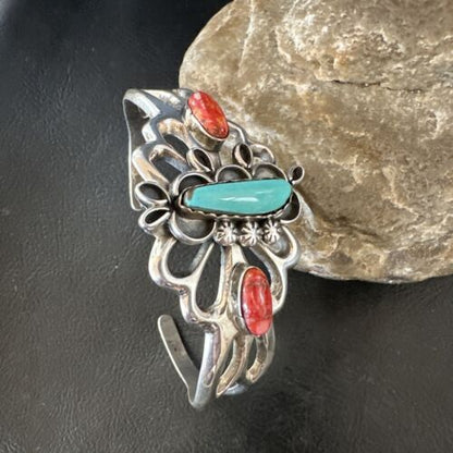 Navajo Kingman Turquoise Spiny Cuff Bracelet | Sterling Silver Tufa Cast | Authentic Native American Handmade | 16775