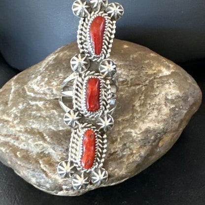 Navajo Red Coral Cluster Ring | Authentic Native American Sterling Silver | Multi-Stone | Sz 11.5 | 16329