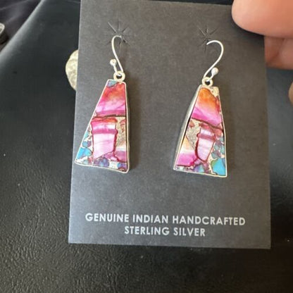 Navajo Blue Turquoise Purple Spiny Oyster Inlay Dangle Earrings | Sterling Silver | 15563