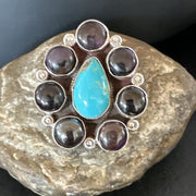 Navajo Blue Kingman Turquoise and Sugilite Cluster Ring | Authentic Native American Sterling Silver | Multi-Stone | Sz 9.5 | 16771