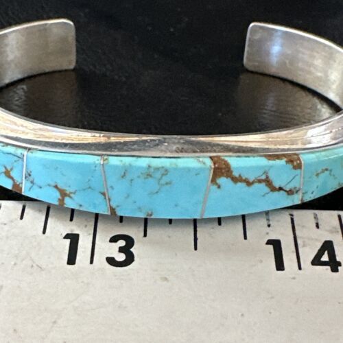 Navajo Men's Blue #8 Turquoise Inlay Bracelet | Sterling Silver | Authentic Native American Handmade | 15066