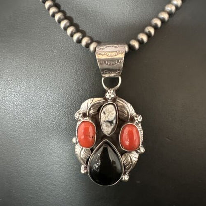 Navajo White Buffalo Coral Onyx Pearls Cluster Pendant | Sterling Silver | Native American Handmade | 15369