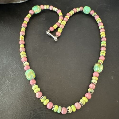 Navajo Green Turquoise Rhodochrosite Necklace | Sterling Silver | Authentic Native American Handmade | 20" | 17492