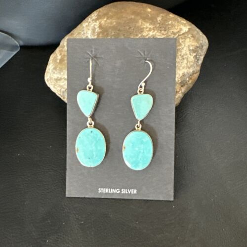 Navajo Blue Kingman Turquoise Dangle Earrings | Sterling Silver | Authentic Native American Handmade | 15107