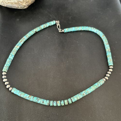 Navajo Blue Turquoise Heishi Bead Necklace | Sterling Silver | 21" | Authentic Native American Handmade | 17257