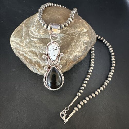 Women's White Buffalo Turquoise Onyx Necklace Pendant | Sterling Silver | Multi-Stone | 15314