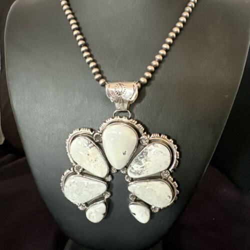 Navajo White Buffalo Turquoise Necklace Naja Pendant | Sterling Silver | Authentic Native American Handmade | 16805