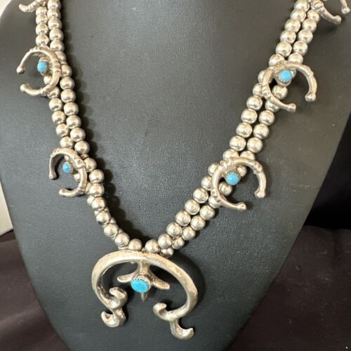 Navajo Blue Turquoise Naja Pendant Squash Blossom Necklace | Sterling Silver | Authentic Native American Handmade | 16172