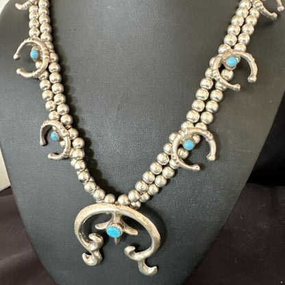 Navajo Blue Turquoise Naja Pendant Squash Blossom Necklace | Sterling Silver | Authentic Native American Handmade | 16172