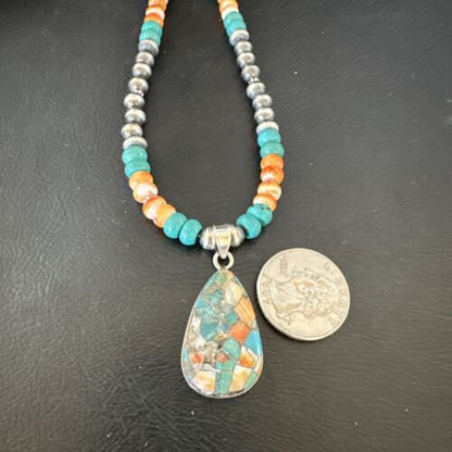 Navajo Spiny Turquoise Pendant Necklace | Sterling Silver | 22" | Authentic Native American Handmade | 17413