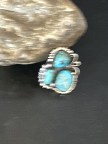Navajo Blue Turquoise Cluster Ring | Authentic Native American Sterling Silver | Multi-Stone | Sz 8.5 | 14838