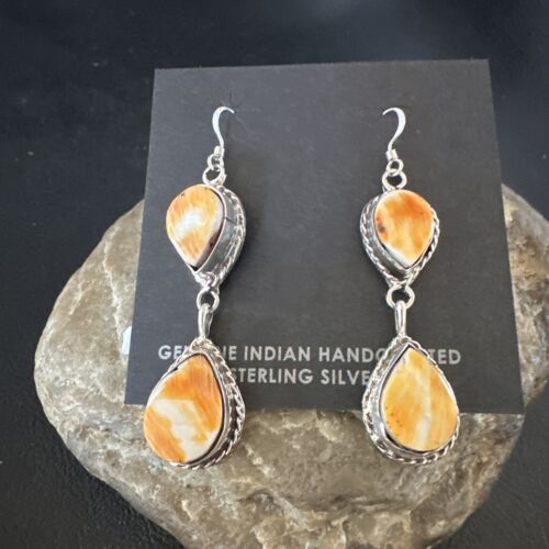 Navajo Orange Spiny Oyster Dangle Earrings | Sterling Silver | 1.5" | Authentic Native American Handmade | 16572