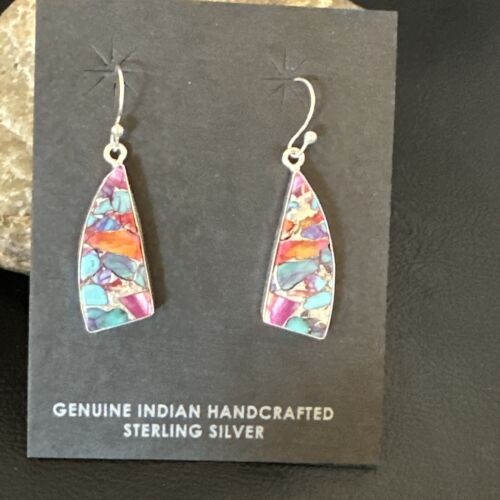 Navajo Blue Turquoise Red Spiny Oyster Inlay Dangle Earrings | Sterling Silver | 15575