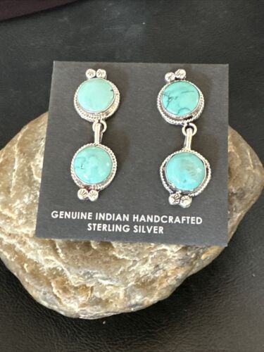 Navajo Blue Green Turquoise Dangle Earrings | Sterling Silver | 1.5" | Authentic Native American Handmade | 17388